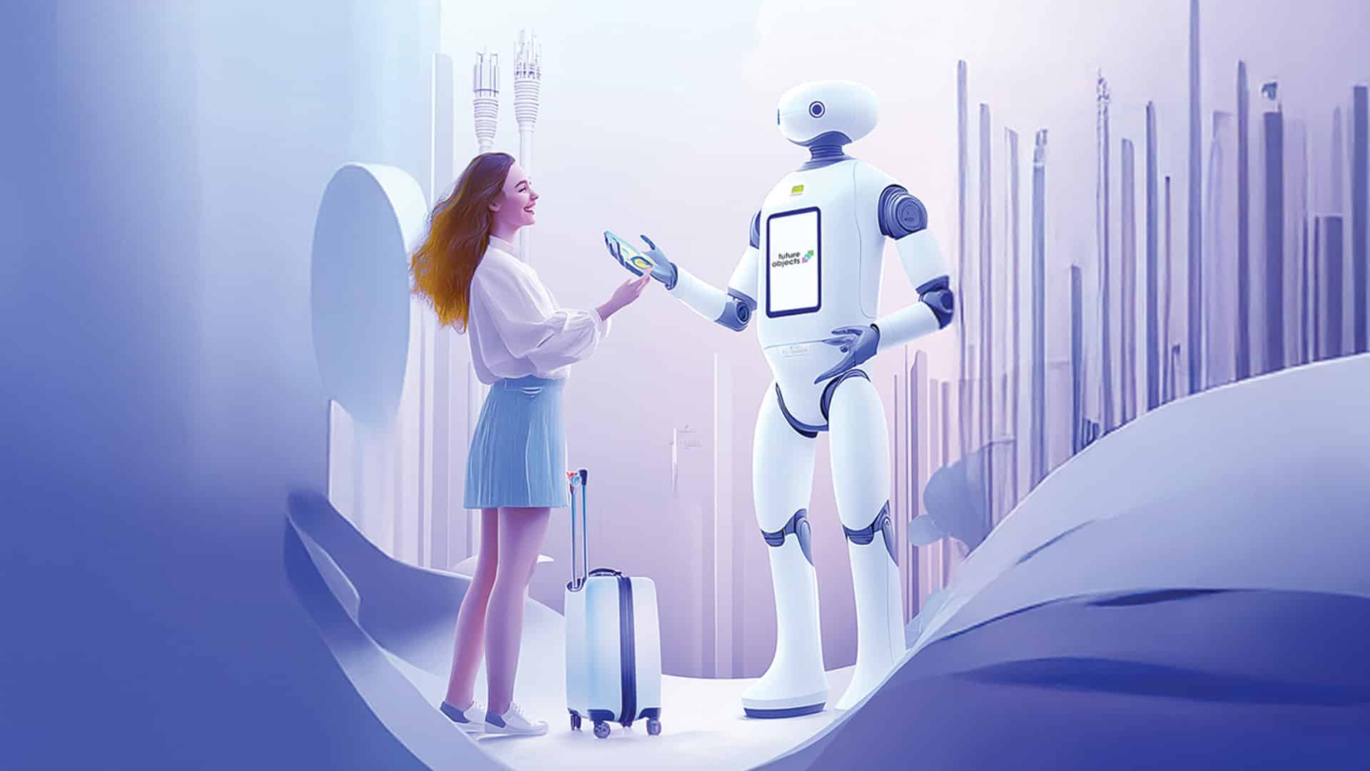 Scientist interacting with a holographic interface beside a robot
