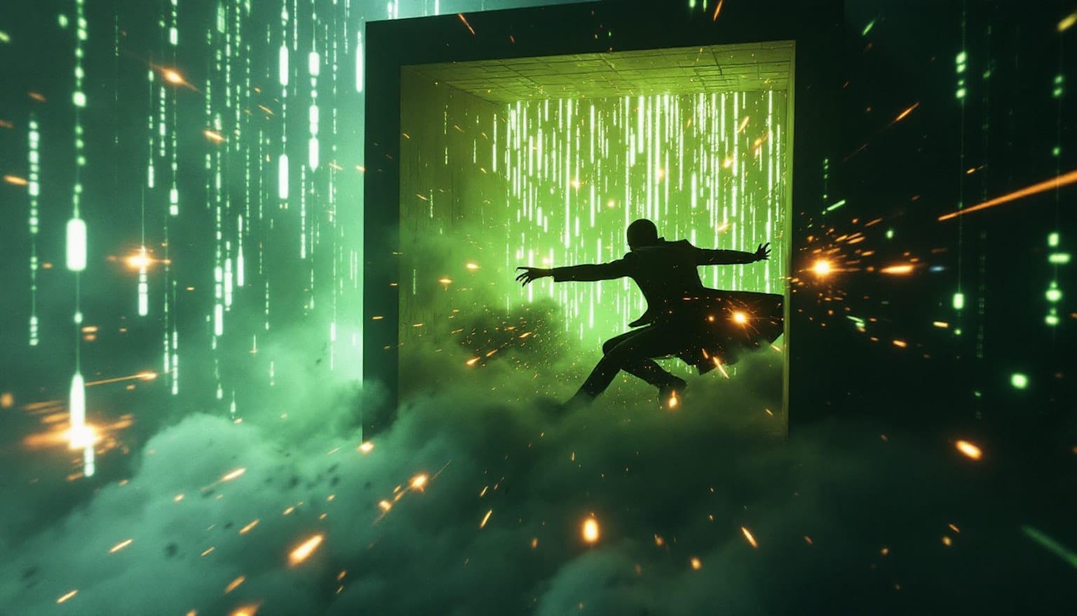 Silhouetted figure floating through a green digital tunnel