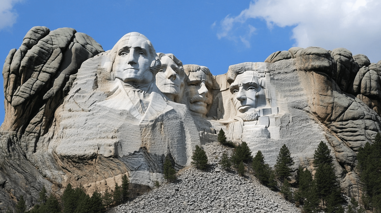 Four carved presidential faces on Mount Rushmore