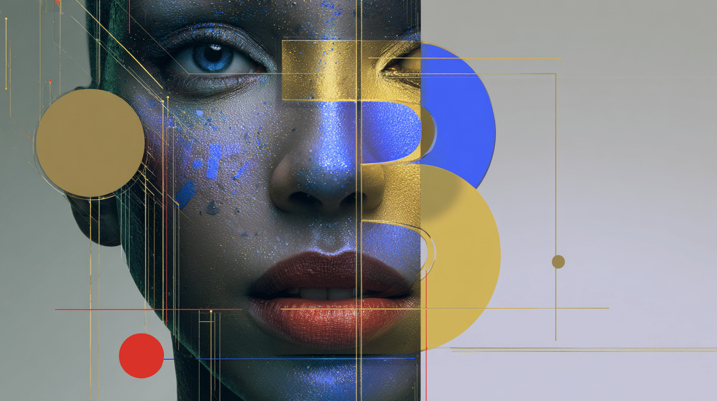 Split portrait of a person with translucent geometric overlays