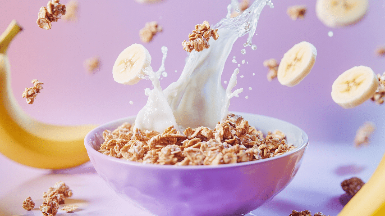 Cereal bowl with a banana and pieces of cereal suspended above it