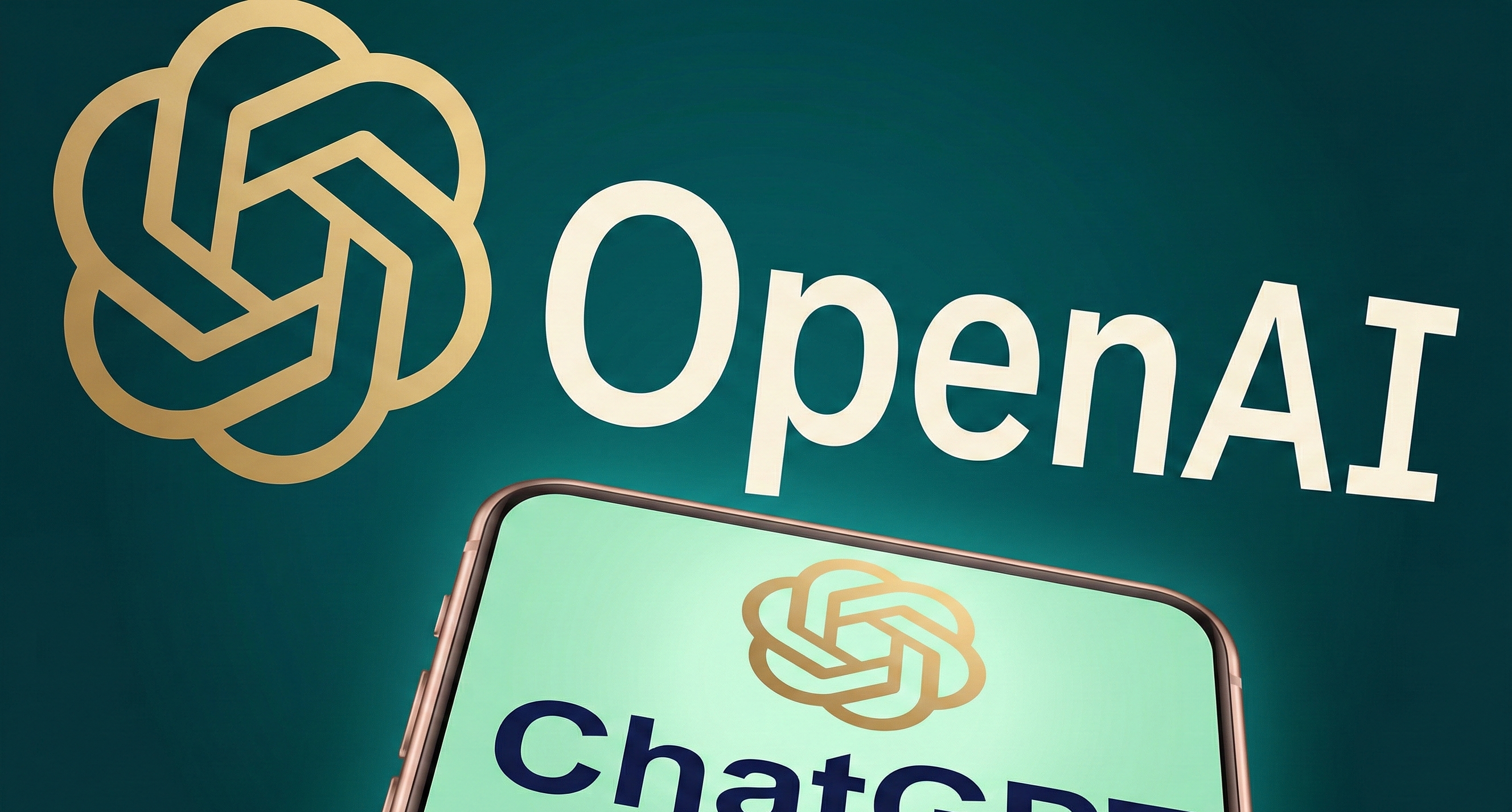 OpenAI sign behind a smartphone displaying the ChatGPT logo
