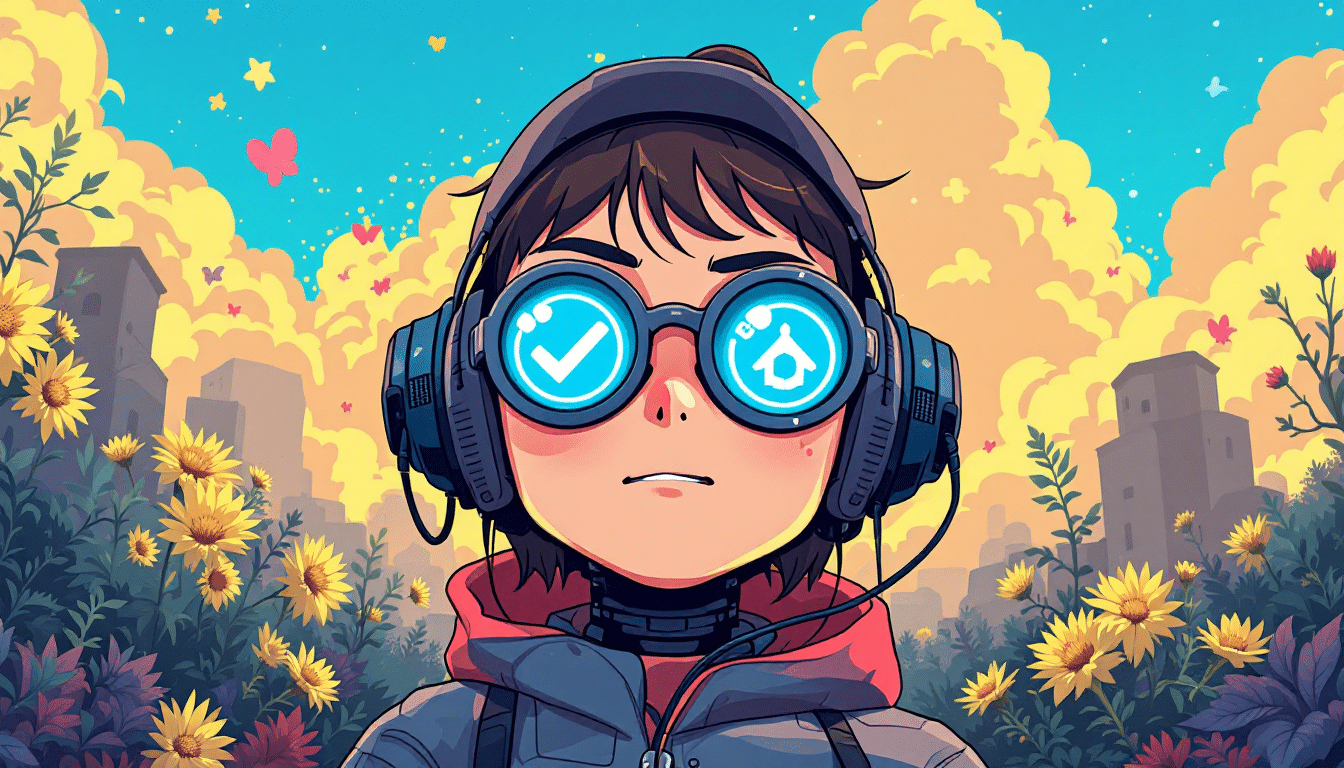 Illustrated child wearing headphones and illuminated goggles in a colorful landscape