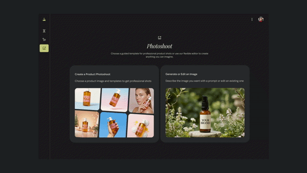 A dark-themed photo editing app interface with options to create a product photoshoot or generate/edit an image. Preview images show skincare products and a model. The left menu and profile icon are visible.