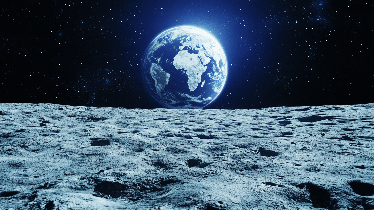Earth rising above the Moon's cratered surface